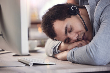 Man, sleep and burnout with call center, crm and anxiety for 404 mistake or glitch. Customer...
