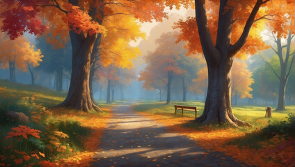 Splendid Autumn Landscape, Bursting Colors of Foliage in the Park. Nature's Artistry. - obrazy, fototapety, plakaty