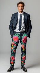 Professional Businessman Wearing Bright Pink Floral Trousers. Inappropriate Business Attire. The Wrong Trousers.