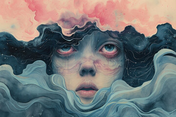 Obraz premium Surreal portrait of a woman with blue eyes and pink hair sitting on a fluffy cloud in the sky