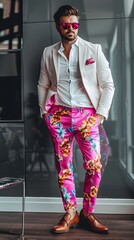 Professional Businessman Wearing Bright Pink Floral Trousers. Inappropriate Business Attire. The Wrong Trousers.