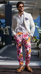Professional Businessman Wearing Bright Pink Floral Trousers. Inappropriate Business Attire. The Wrong Trousers.