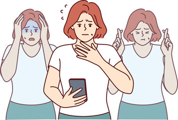 Worried woman reads message on mobile phone about foreclosure on house and feels panic. Different stages of panic of girl, learned about approaching financial crisis from internet news