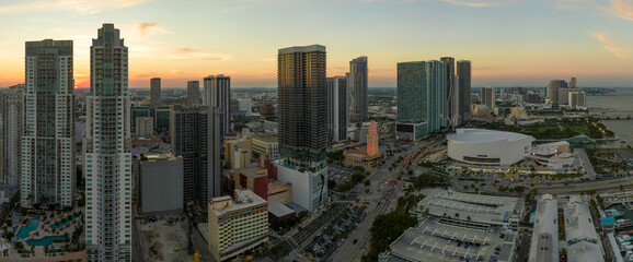 View from above of concrete and glass skyscraper buildings in downtown district of Miami Brickell...
