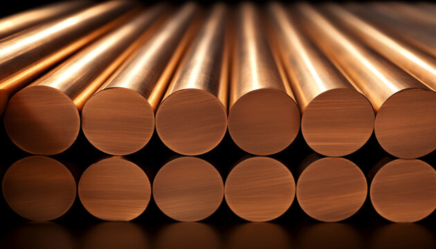 Beryllium copper rods or round bars, arranged in parallel formation, close up shot, polished surfaces reflect the ambient light, concepts related to industry, construction, metal alloy and engineering