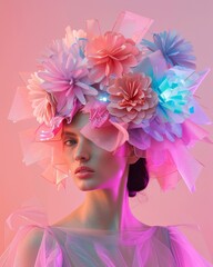 An ethereal depiction of a woman with a vibrant headpiece of multicolored flowers and flowing fabric