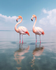 super realistic photo of two pink flamingos standing with their feet in the sea, super delicate light colors сreated with Generative Ai