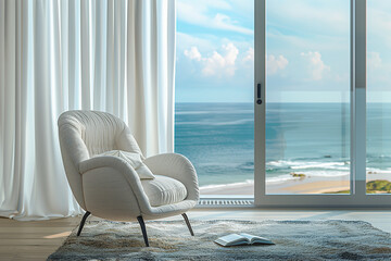 relaxation and reading lounge with comfortable modern armchair and large windows with sea view (1)