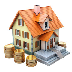 Detailed 3D illustration of house and stacked gold coins