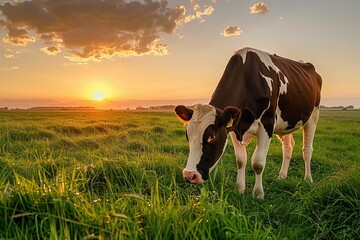 A dairy cow in a filed of farmland grazing on lush green grass at sunset.