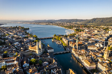Aerial drone shot flying above Lake Zurich, Switzerland in sunny day. Beautiful landscape of a...