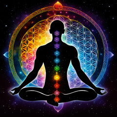 Silhouette of human body background, yoga meditation chakra spiritual  energy healing, flower of life, concept illustration wallpaper 