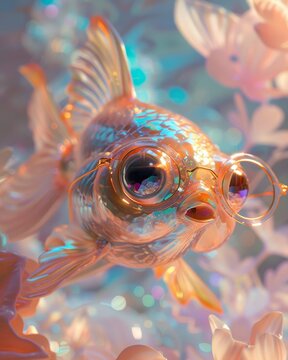 An ethereal underwater world is brought to life with a glistening fish sporting glasses, surrounded by a shimmery ambiance