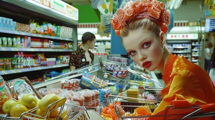 An extravagantly dressed model strikes a pose in a surreal supermarket setting, creating a staged but intriguing image