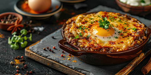 Bobotie on a slate serving board, South African comfort food, Minced meat baked with egg topping with traditional spices on dark grey slate serving board