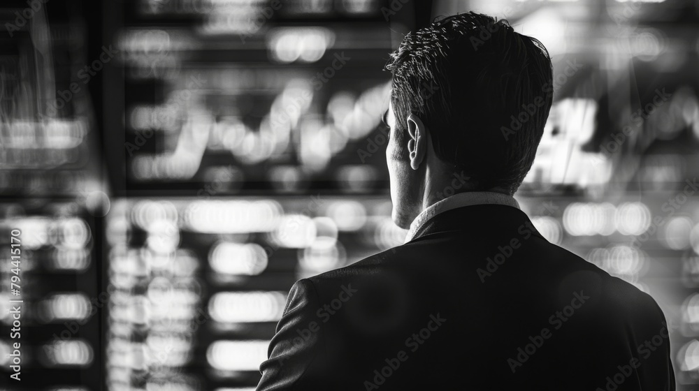 Aufkleber Man in Suit Observing Stock Exchange Data at Night