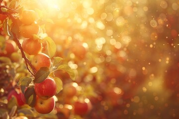 a warm, golden-hour apple orchard, focusing on ripe red apples hanging from branches, with soft sunlight - obrazy, fototapety, plakaty