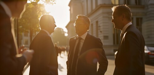 Businessmen silhouettes talking and laughing in warm backlight on street, investors, estate