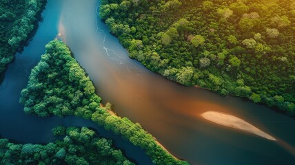 Aerial view of river winding through dense, lush forest