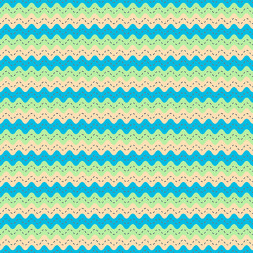 Blue, green and yellow ric rac vector repeat pattern. Waves and stitches seamless illustration background