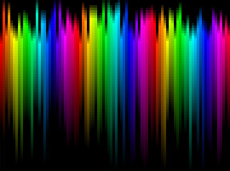 Rainbow stripes gradient with squares mosaic pattern, black background, vector graphic wallpaper or leaflet