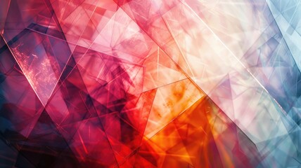 Abstract image of overlapping geometric shapes in red, blue, and orange hues with light effects