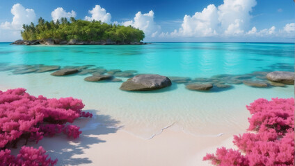 Tropical Paradise, Rosy Pink Shoreline Meeting Crystal Blue Sea.