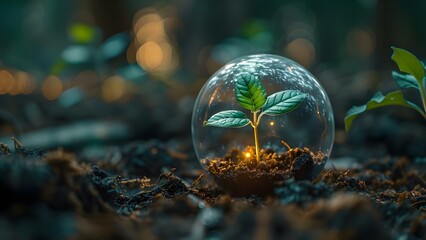 Nurturing a digital seedling in a protective dome symbolizes the growth and protection of cybersecurity. Concept Tech Security, Cyber Protection, Digital Growth, Data Privacy, Internet Safety