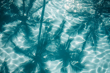 Shadows of palm trees are reflected in blue sea water on sandy tropical beach - Powered by Adobe