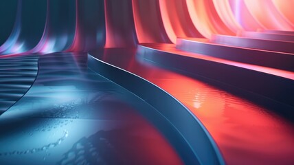 Abstract image of sleek futuristic corridor with blue and red neon lights - obrazy, fototapety, plakaty