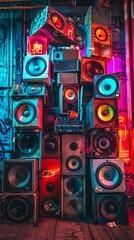 Obraz premium Neon Glow Retro Speakers Vintage Brick Wall Vibe