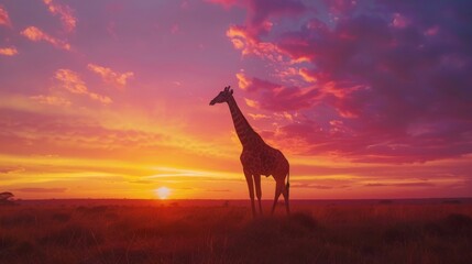 Blank mockup of a neon safari sign featuring a giraffe and elephant against a sunset sky .
