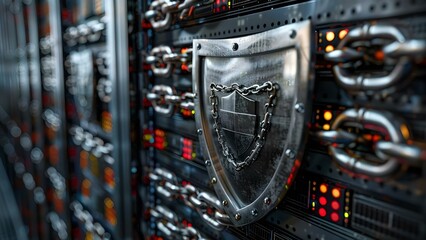 Stylized database shielded by metal with heavy chains representing robust cybersecurity. Concept Database Security, Metal Shield, Heavy Chains, Robust Cybersecurity