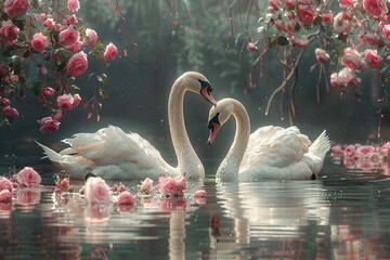 two swans in the lake with rose flowers swans - obrazy, fototapety, plakaty