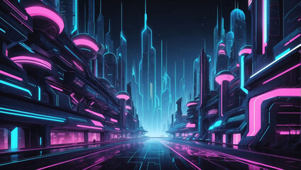 Urban Architecture Vector Art with Neon Light Effects, Depicting a Futuristic Hi-Tech City. Science Fiction Inspired.