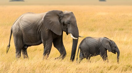 Adult elephant (Loxodonta) and juvenile elephant grazing in field in the grasslands of the savanna, Maasai Mara National Park; Kenya, Africa, 8k  
