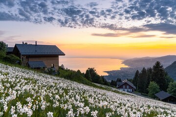 A beautiful sunset with clouds over a blooming mountainside field in Caux sur Montreux, Switzerland - obrazy, fototapety, plakaty