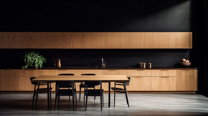 A well-lit kitchen space adorned with sleek wooden furniture against a backdrop of a dark classic wall.