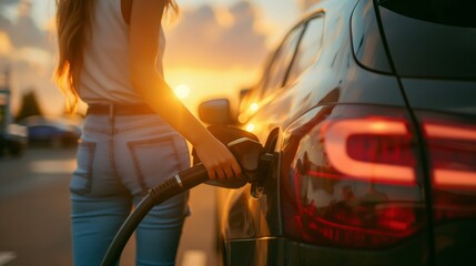 woman refueling his car at a gas station at sunset