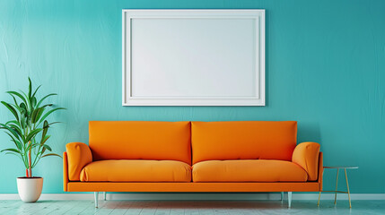 A vibrant orange sofa sits against a backdrop of aquamarine walls, with a sleek white blank frame on the wall.