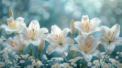   A group of white lilies amidst a field of daisies, backed by a beckoning bolt of light
