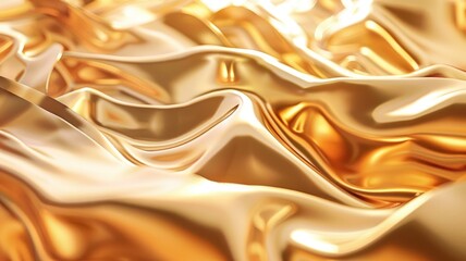 Highly reflective, wavy gold surface resembling luxurious fabric or molten metal with smooth texture - obrazy, fototapety, plakaty