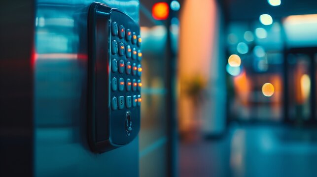 A defocused backdrop of a key pad entry system creating a soft and blurred effect. The nondescript location adds to the mystery and anticipation of what lies beyond the secure entrance. .