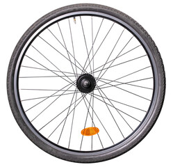 A bicycle wheel with a hub that generates electricity for bicycle lighting. Isolated background.
