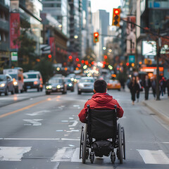 Back view of disabled person in wheelchair with blurry traffic in urban background - obrazy, fototapety, plakaty