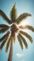 Vintage-Style Tropical Palm Tree Against Sunlit Sky Background, Ample Copy Space.
