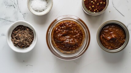 fermented bean paste sauce, with images showing the blending of beans, salt, and spices, fermenting, and the final product in a jar