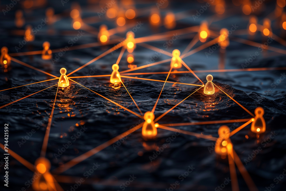 Poster glowing network connections on dark surface at twilight