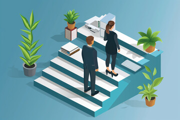 Business Colleagues Ascending Staircase in Modern Office Environment