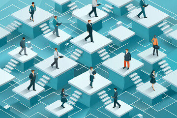Business Professionals Navigating a 3D Maze of Platforms